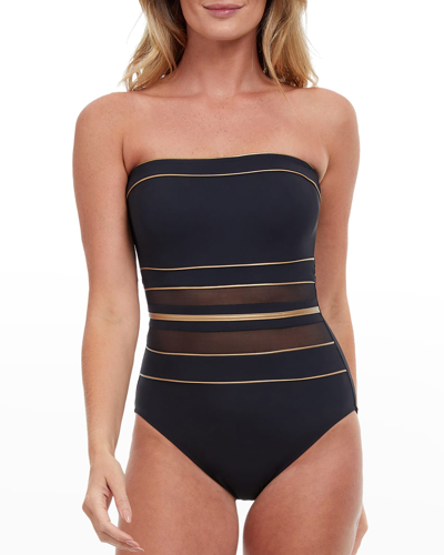 Gottex Onyx Bandeau Metallic One-piece Swimsuit In Black / Gold