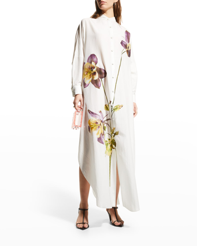 Adam Lippes Floral-print Voile Stand-collar Maxi Shirtdress In Ivory/orchid
