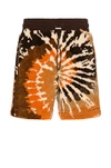 Amiri Leather-trimmed Tie-dyed Fleece Drawstring Shorts In Orange