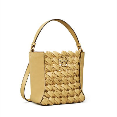 Tory Burch Mcgraw Woven Embossed Small Bucket Bag In Beeswax