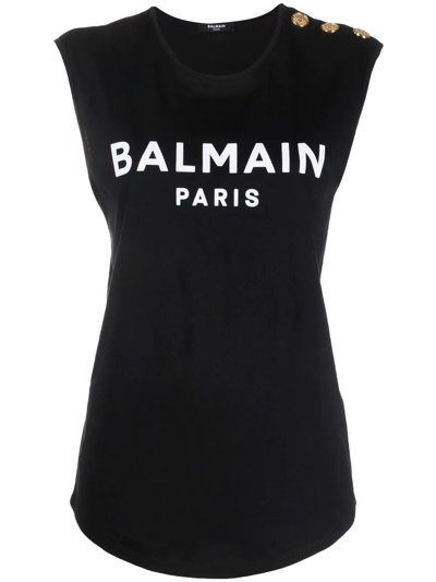 Balmain Embossed-buttons Logo-print Tank Top In Black White