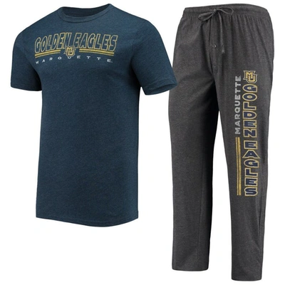 Concepts Sport Men's  Heathered Charcoal, Navy Marquette Golden Eagles Meter T-shirt And Pants Sleep In Heathered Charcoal,navy