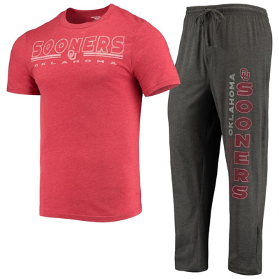 Concepts Sport Men's  Heathered Charcoal, Crimson Oklahoma Sooners Meter T-shirt And Pants Sleep Set In Heathered Charcoal,crimson