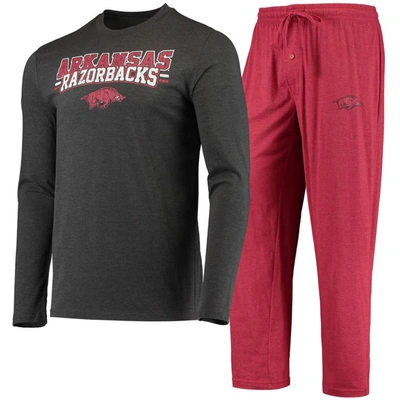 Concepts Sport Cardinal/heathered Charcoal Arkansas Razorbacks Meter Long Sleeve T-shirt & Pants Sle In Cardinal,heathered Charcoal