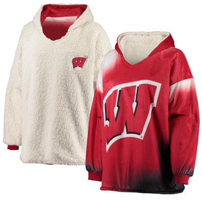 Foco Men's Red And White Wisconsin Badgers Sherpa Big Logo Gradient Reversible Hoodeez In Red,white