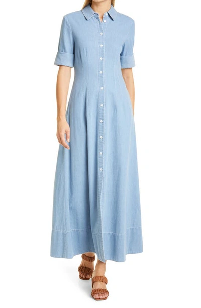 Staud Joan Cotton-chambray Maxi Shirt Dress In Blue