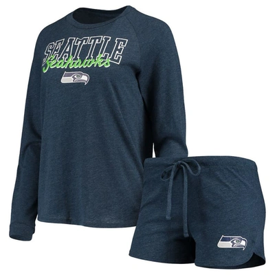 Concepts Sport Women's College Navy Seattle Seahawks Meter Knit Long Sleeve Raglan Top And Shorts Sleep Set