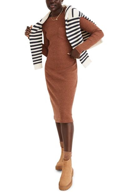 Madewell Long Sleeve Pocket Tee Dress In Heather Warm Umber