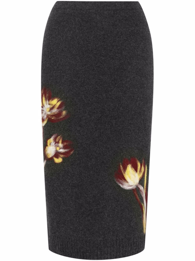 Oscar De La Renta Floral Punch Needle Pencil Skirt In Charcoal