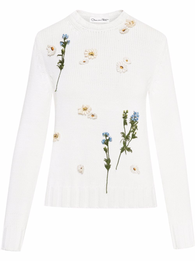 Oscar De La Renta Scattered Floral Embroidered Pullover In Ivory With Multi