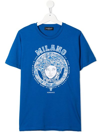 Versace Kids' Logo-print Short-sleeved T-shirt In Blue