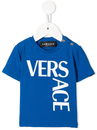 Versace Babies' Logo印花平纹针织t恤 In Blue