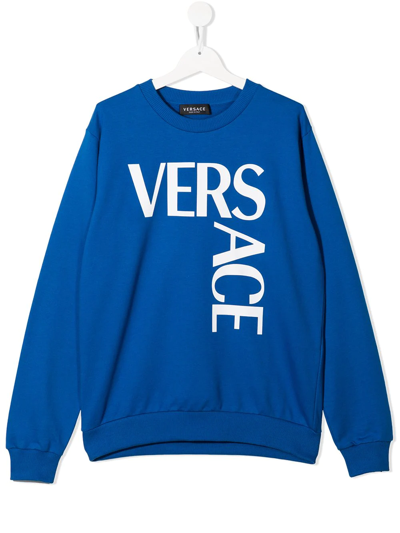 Versace Kids' Logo-print Crew Neck Sweatshirt In Sapphire+bianco