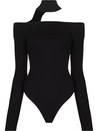 Alix Nyc Vance Off-the-shoulder Cutout Ribbed Stretch-modal Jersey Bodysuit In Black