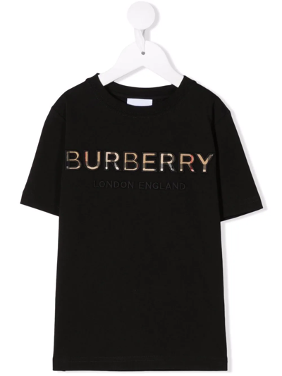 Burberry Kids' Embroidered Check Logo T-shirt In Black