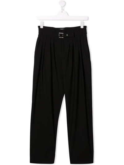 Balmain Teen Box Pleat Belted Trousers In Black