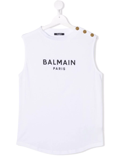 Balmain Kids' Cotton Tank Top With Logo In White