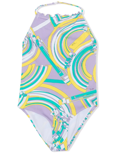 Emilio Pucci Junior Teen Abstract-print Ruffled-neckline Swimsuit In Purple