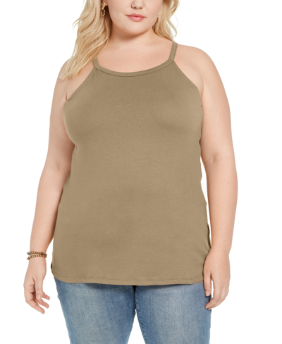 Aveto Trendy Plus Size Halter Tank Top In Kalamata Olive