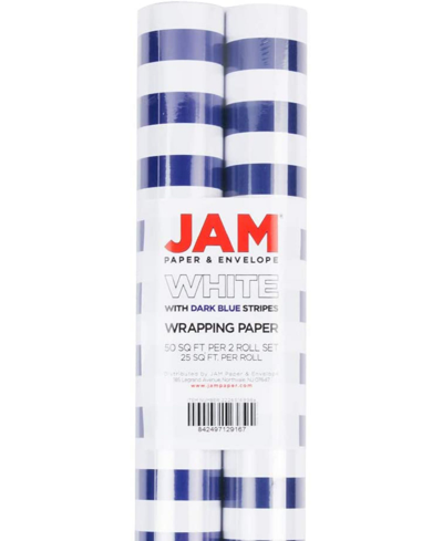 Jam Paper Gift Wrap 50 Square Feet Striped Wrapping Paper Rolls, Pack Of 2 In Blue And White Striped