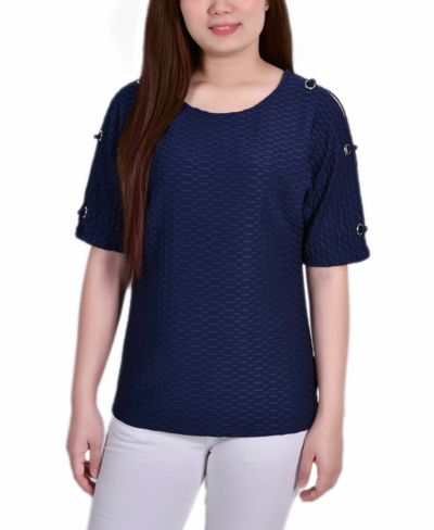 Ny Collection Women's Short Sleeve Honeycomb Textured Grommet Top In Blue