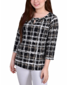 Ny Collection Plus Size 3/4 Sleeve Grommet Top In Jet Trace Plaid