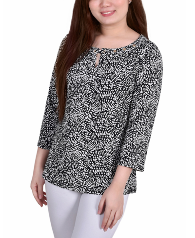 Ny Collection Women's 3/4 Sleeve Grommet Top In Black Spark Duo