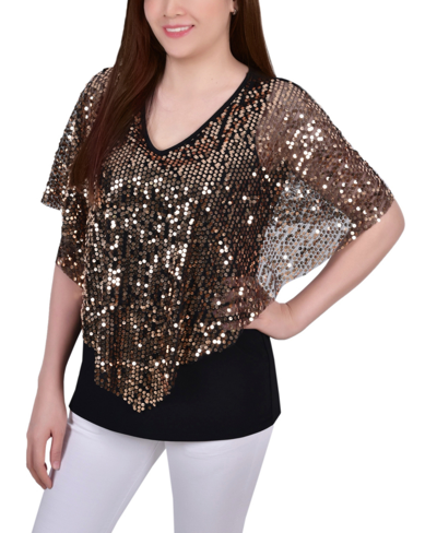 Ny Collection Petites Womens Sequined Poncho Pullover Top In Gold