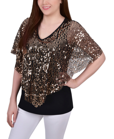 Ny Collection Petites Womens Sequined Poncho Pullover Top In Gold-tone Disco Ball