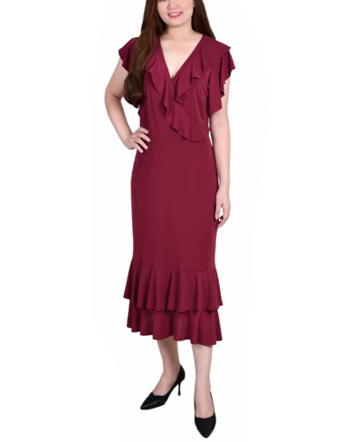 Ny Collection Plus Size Short Flutter Sleeve Ruffle Neck Dress In Deep Burgundy