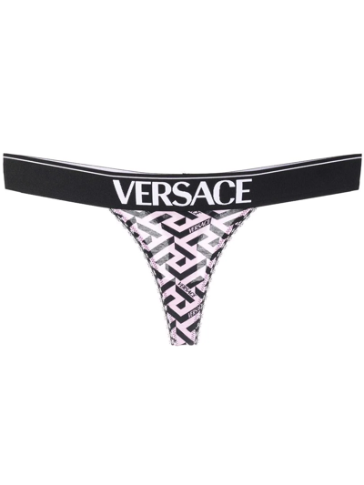 Versace La Greca Monogram-print Mid-rise Stretch-cotton Thong In Candy+black
