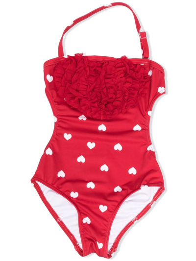 Monnalisa Kids' One-piece Swimsuit With All-over Hearts In Red + Cream