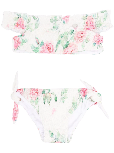Monnalisa Kids' Floral-print Smocked Bikini In White