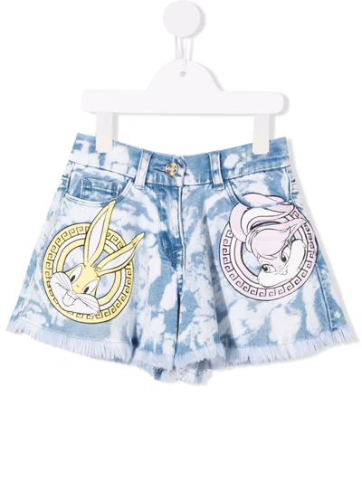 Monnalisa Kids' Bugs Bunny-motif Bleached-effect Denim Shorts In Turquoise