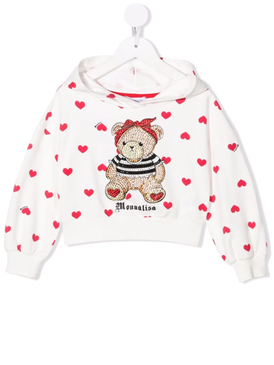 Monnalisa Kids' Teddy Bear-print Rhinestone Hoodie In Cream