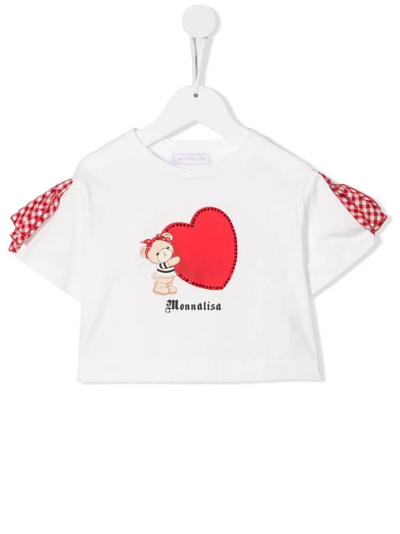 Monnalisa Kids' Teddy Bear-print Cotton T-shirt In Cream + Red