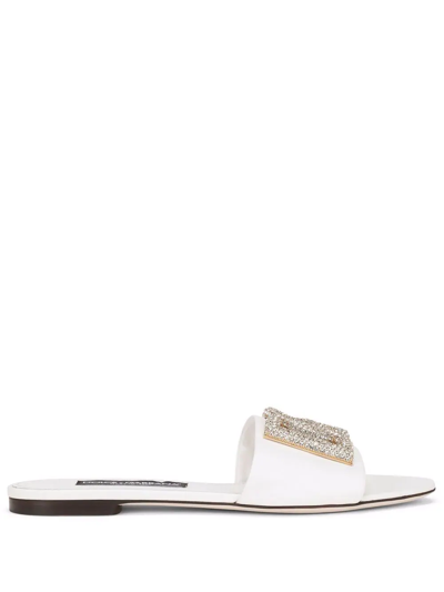 Dolce & Gabbana Crystal-embellished Dg Logo Leather Sandals In Bianco