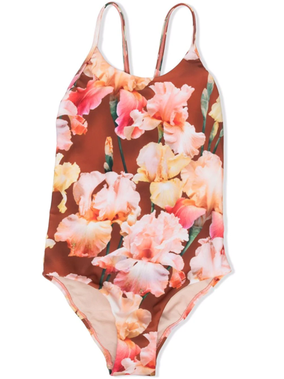 Molo Kids' Nanna Floral Swimsuit In Brown