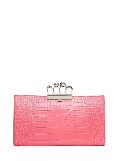 Alexander Mcqueen Four Rings Pink Crocodile Printed Leather Handbag