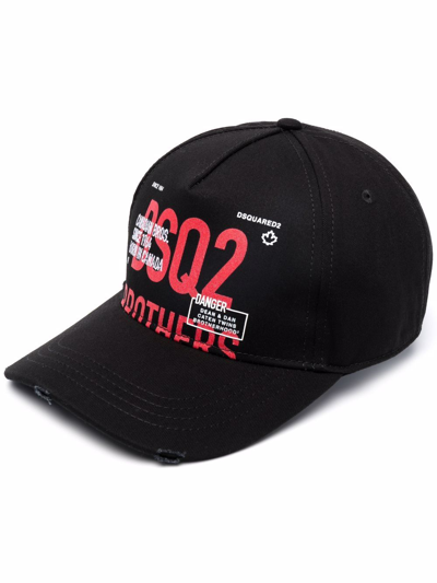 Dsquared2 Distressed-effect Logo-print Cap In Black