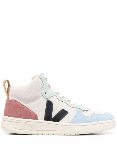 Veja V-15 Leather And Suede High-top Trainers In Multicoloured
