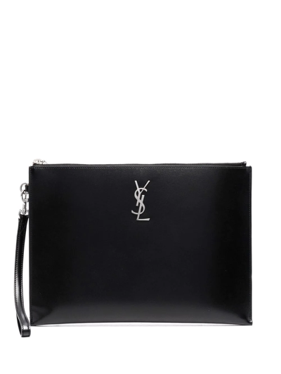 Saint Laurent Logo Plaque Clutch Bag In Schwarz