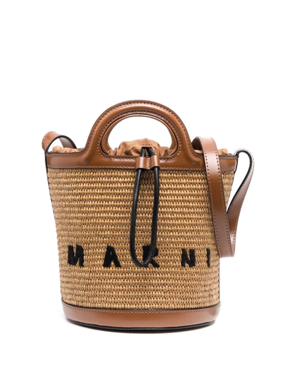 Marni Tropicalia Logo-embroidered Bucket Bag In Brown