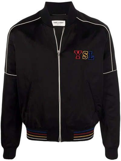 Saint Laurent Embroidered Logo Zipped Bomber Jacket In Noir