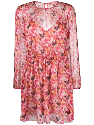 Red Valentino Heart-print Long Sleeved Mini Dress In Rosa