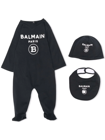 Balmain Logo Print Babygrow Three-piece Set In Black