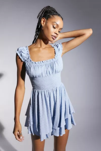 Urban Outfitters Uo Rosie Smocked Tiered Ruffle Romper In Blue