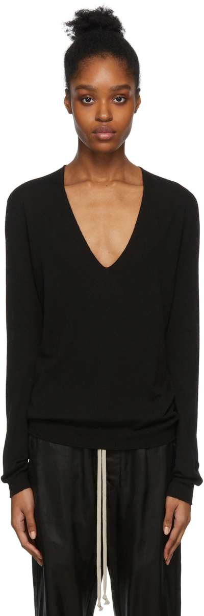 Rick Owens Black Virgin Wool V-neck Sweater In Nero