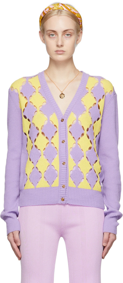 Versace Two-tone Ribbed Open-knit Cashmere Cardigan In Lilac