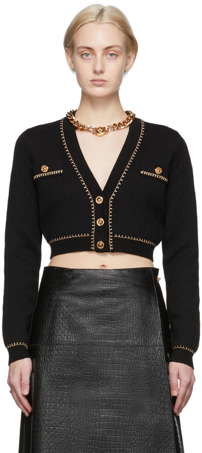 Versace Cropped Ribbed Wool-blend Cardigan In Nero